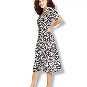 Who What Wear Linen Blend Midi Dress White Floral Button Puff Sleeve Short M EUC